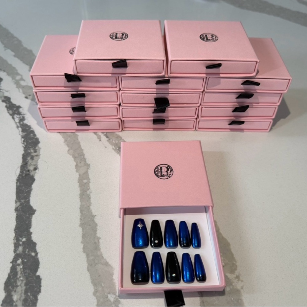 Premium gel press on nails Royal Blue & black chrome effect long coffin